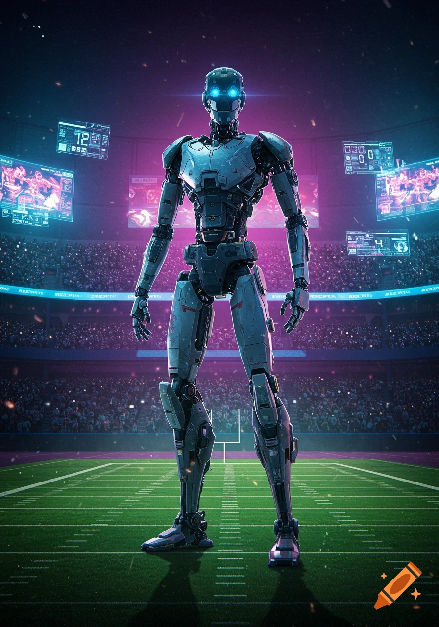 A detailed humanoid robot with glowing blue eyes stands on a football field in a stadium at night, with neon scoreboards.