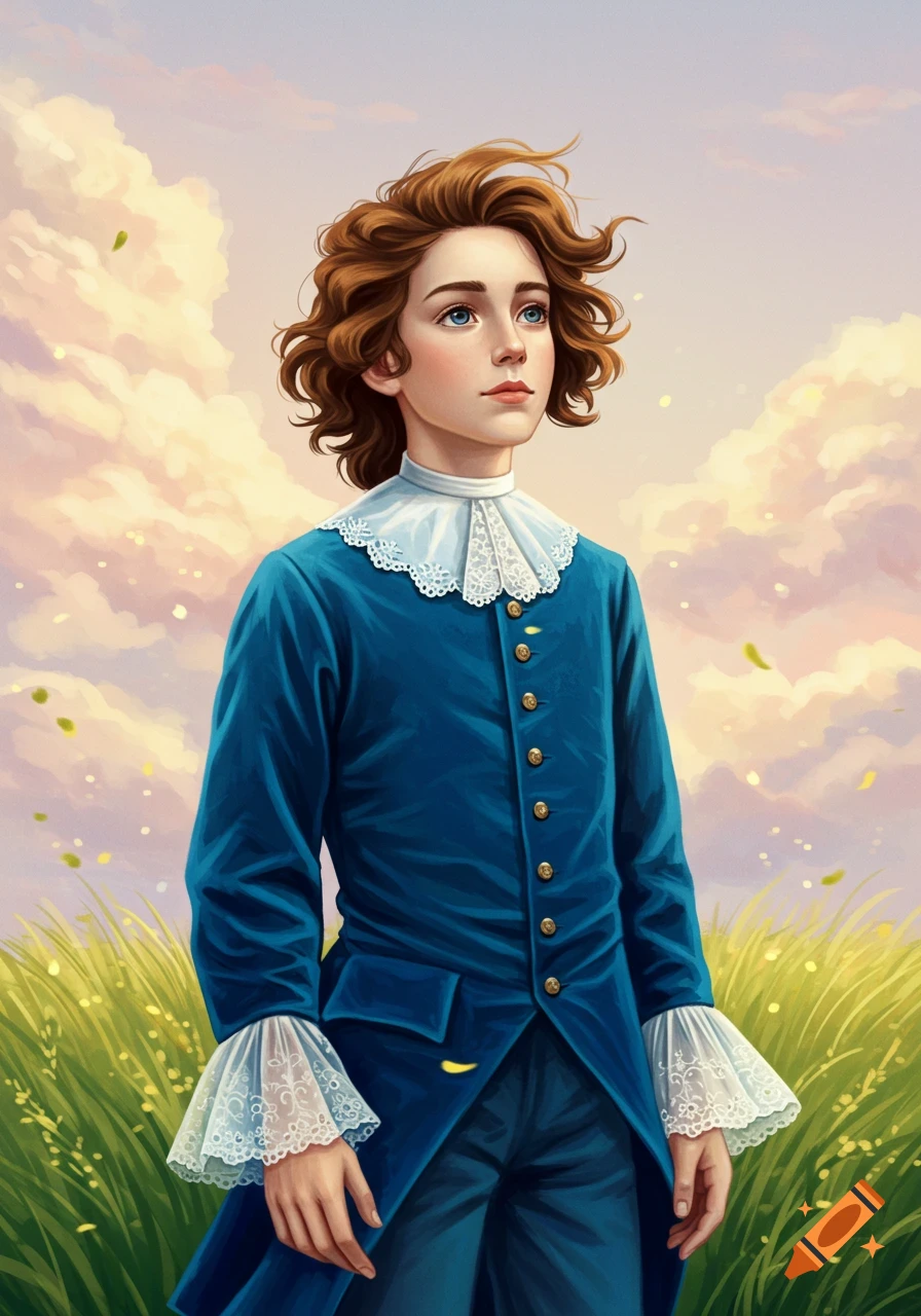 A young boy in a blue suit with lace stands in a grassy field under a cloudy sky in a painted style.