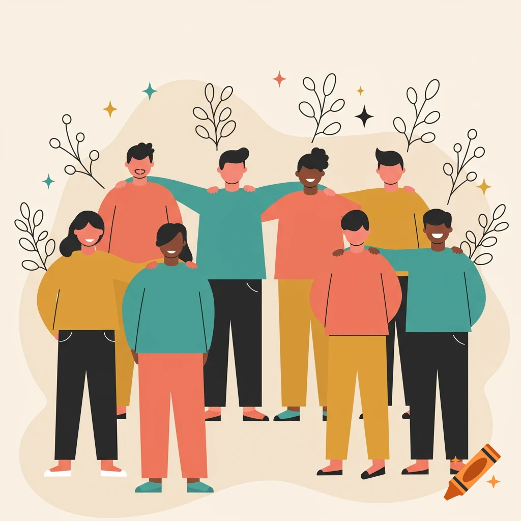 Flat design illustration of a diverse group of friends smiling and embracing, with plant branches and stars in the background.