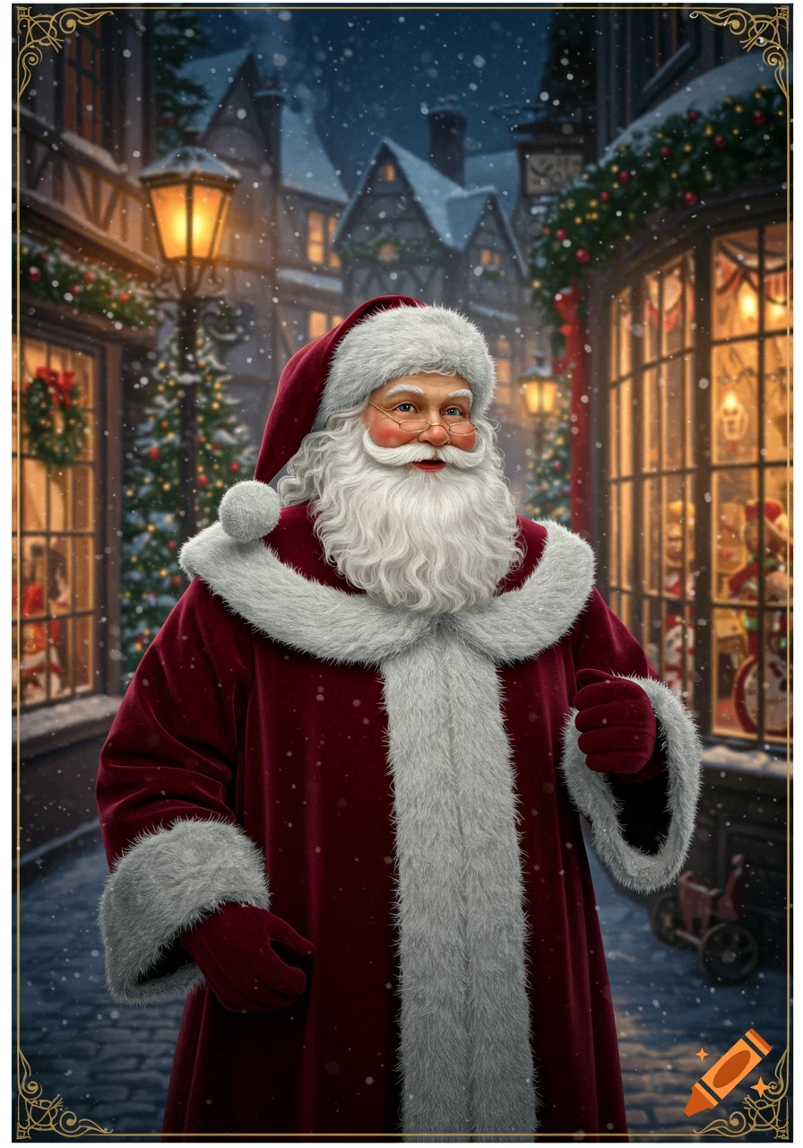 A photorealistic depiction of Santa Claus in a burgundy suit with white fur trim, standing on a snowy street lined with festive shops and streetlights at night.