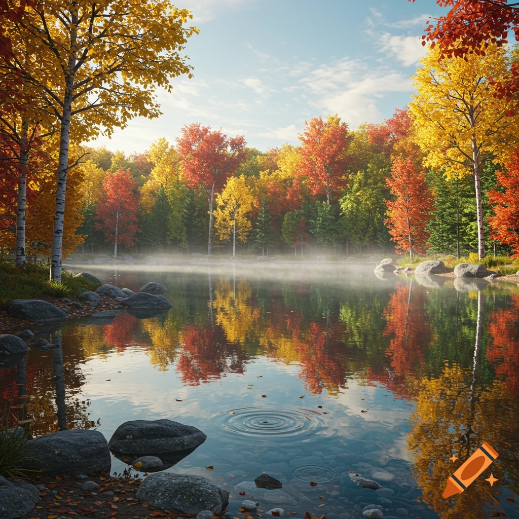 Photorealistic autumn landscape with vibrant red and yellow trees reflected in a misty lake.