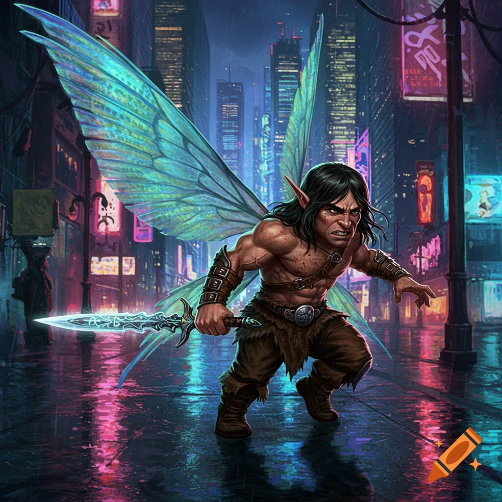 A muscular pixie warrior with glowing wings and a sword stands in a rainy cyberpunk city street with neon lights.