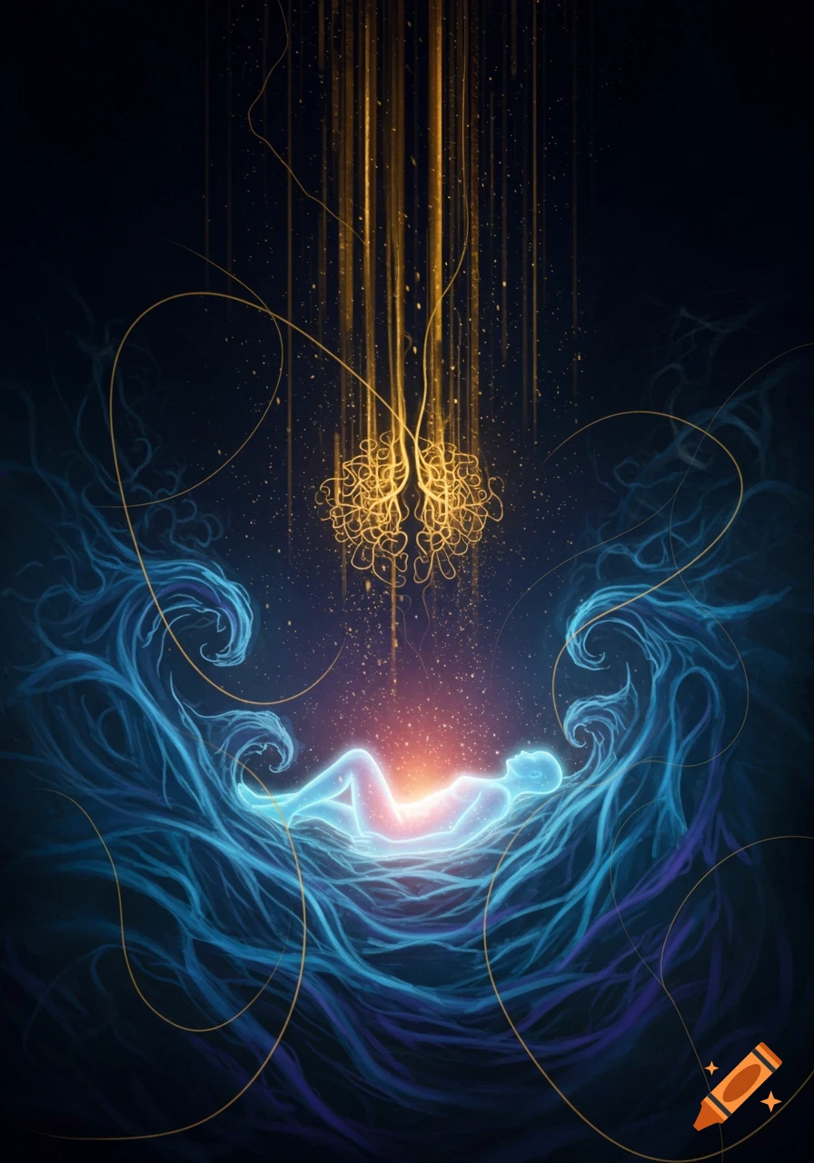 Ethereal blue figure floats in flowing tendrils beneath golden, brain-like energy in a dark, mystical illustration.