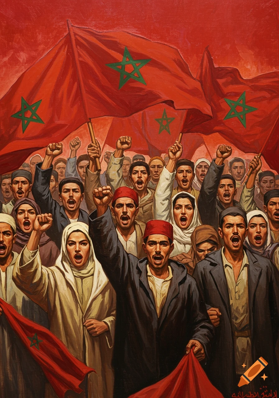 Oil painting of a large crowd of Moroccan people raising fists and flags in a dramatic, socialist realism style.