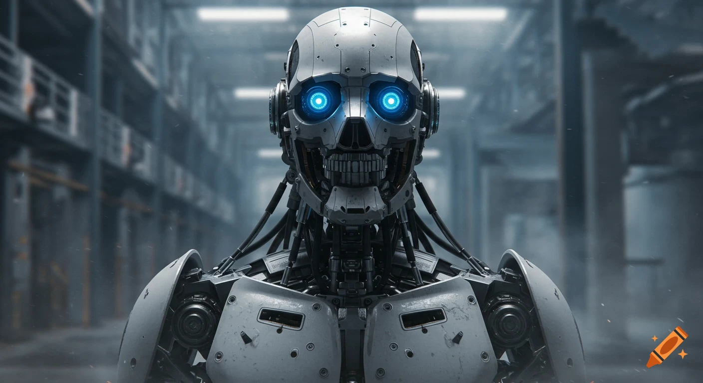 Hyperrealistic close-up of a cybernetic robot with glowing blue eyes in an industrial setting.