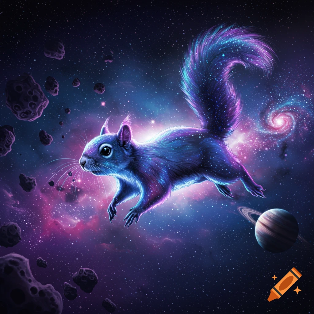 A vibrant, glowing blue and purple cosmic squirrel floats through deep space surrounded by nebulae, stars, asteroids, and a ringed planet.