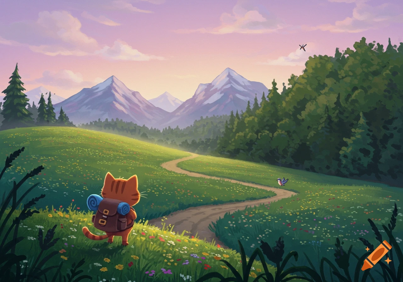 A cartoon orange cat with a backpack walks on a winding path through a wildflower field towards mountains at sunset.