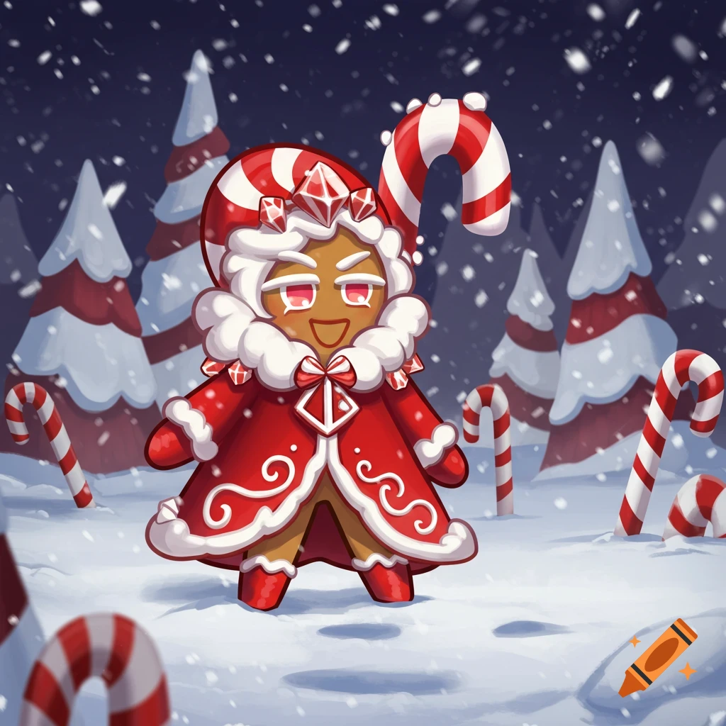 A cute, stylized gingerbread character in a red and white winter coat with a candy cane hood stands in a snowy forest with candy canes.