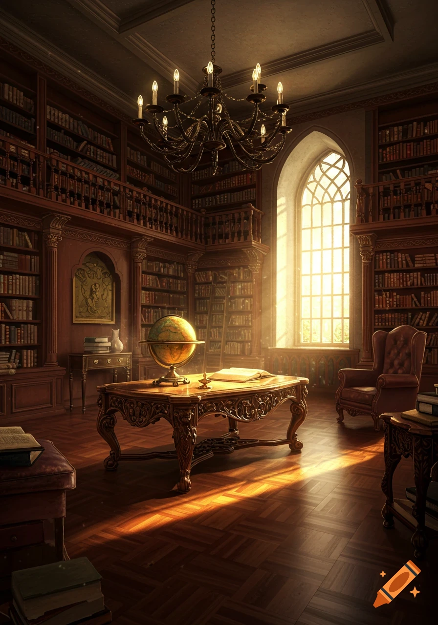 An opulent, sunlit grand library with tall wooden bookshelves, a large chandelier, a globe, and an open book on a carved table.
