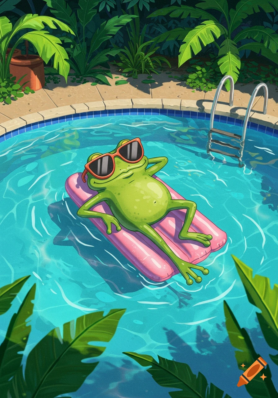 A cool cartoon frog with sunglasses floats on a pink inflatable raft in a bright blue swimming pool, surrounded by lush green tropical foliage.
