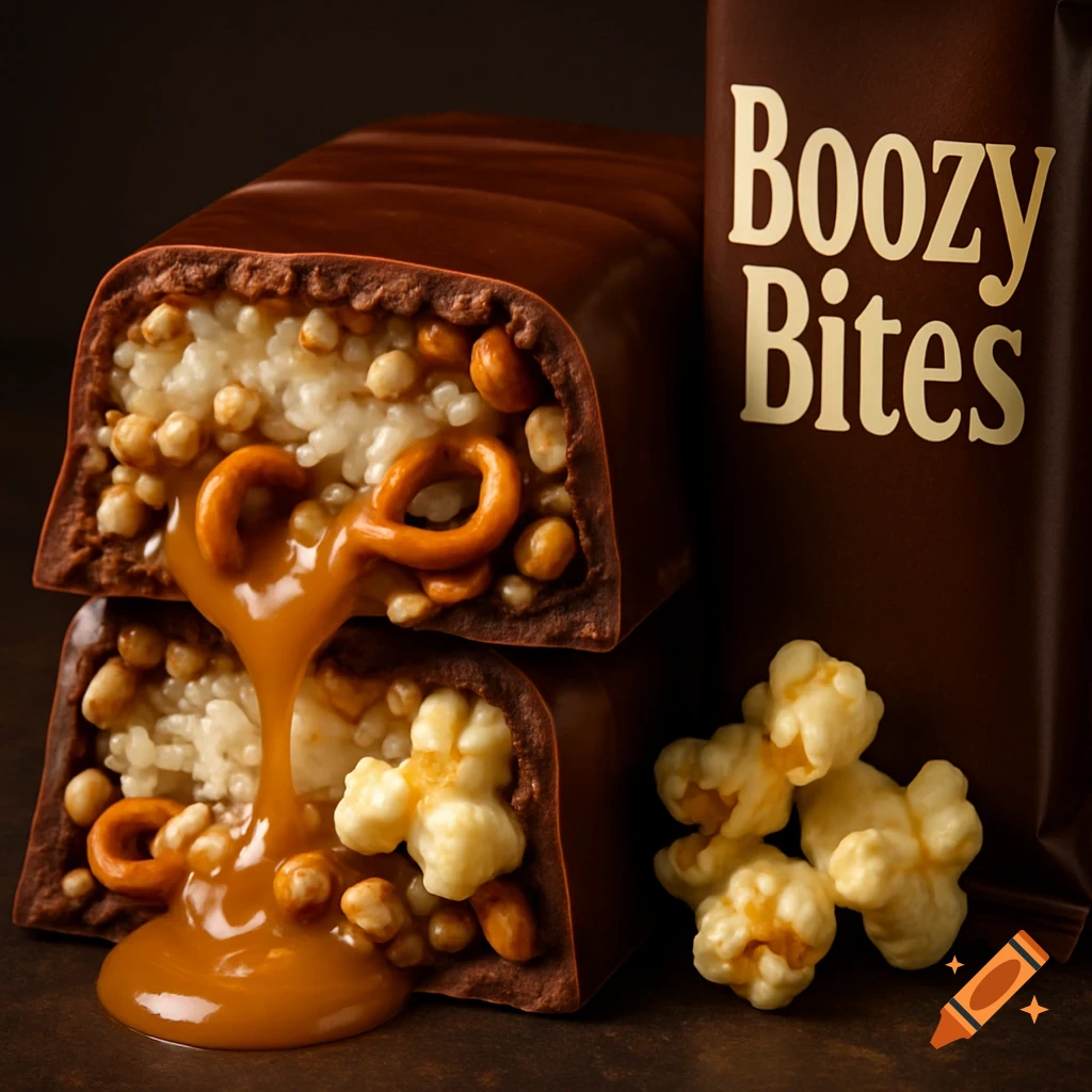 Photorealistic image of a chocolate bar labeled "Boozy Bites", broken open to reveal a gooey caramel filling with crunchy popcorn and pretzels.