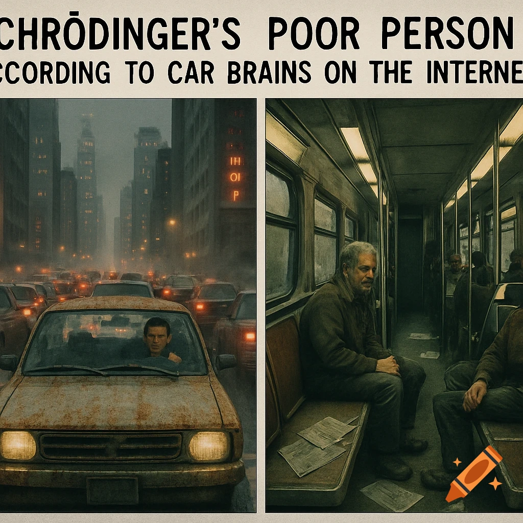 Two panels: Left, a man drives a rusty car in heavy city traffic. Right, a man sits alone on a dirty public transport train or bus. A title reads "SCHRÖDINGER'S POOR PERSON ACCORDING TO CAR BRAINS ON THE INTERNET".