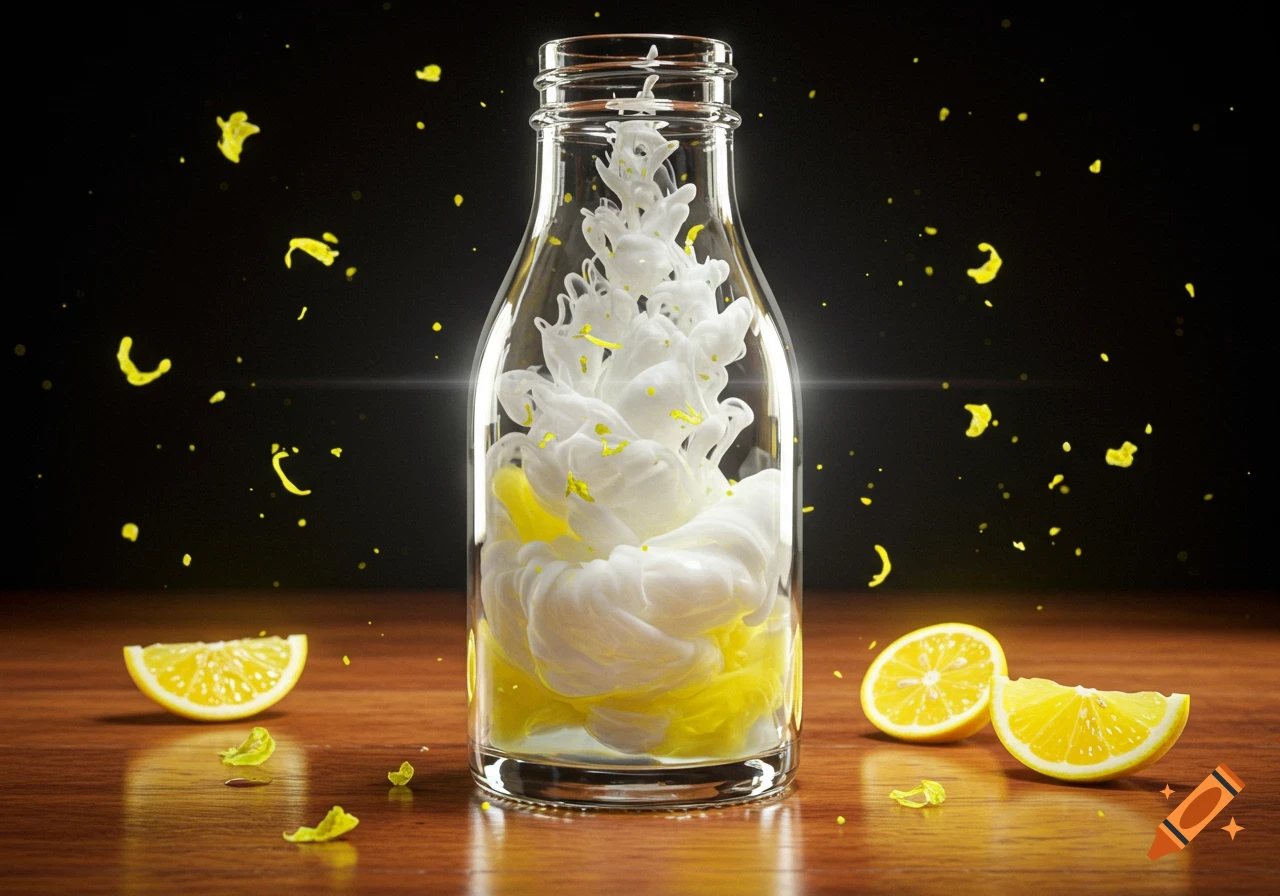 Photorealistic image of swirling white and yellow ink inside a glass bottle, with lemon slices and zest on a wooden table.
