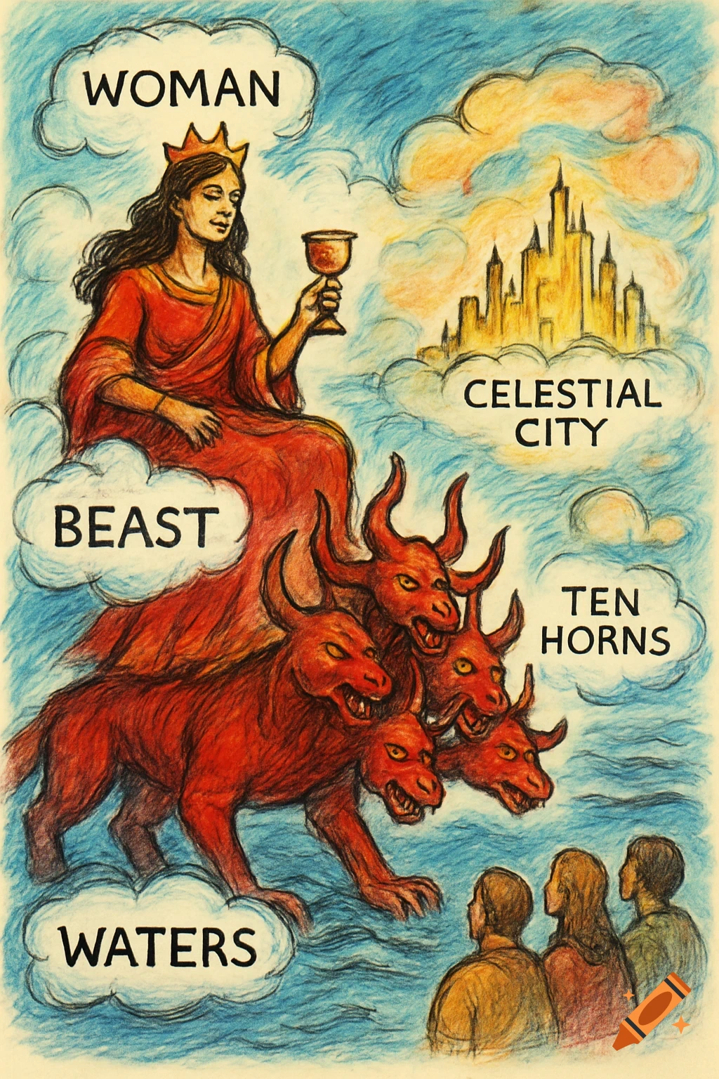 An illustration in a crayon style depicts a crowned woman on a red beast with many heads and ten horns, a celestial city, and onlookers, with labels.