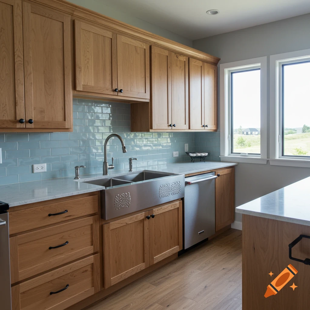 Photorealistic farmhouse kitchen with knotty alder cabinets, light blue subway tile backsplash, stamped stainless steel sink, and black window frames.