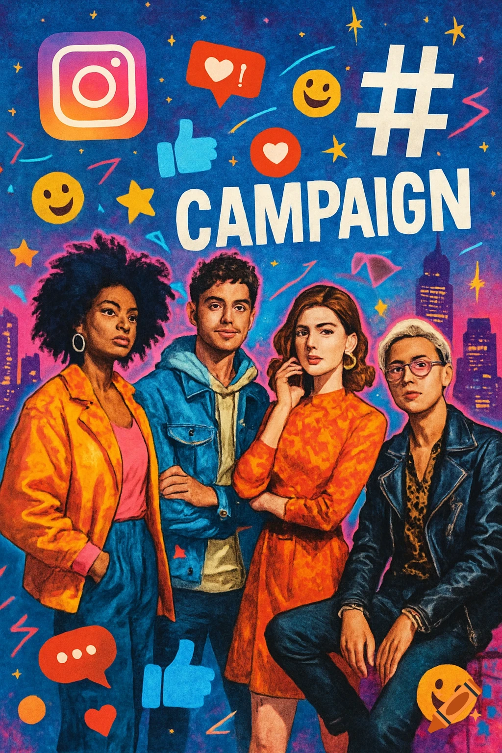 A stylized poster with four young people in front of a city skyline, surrounded by social media icons like Instagram, a like button, hearts, and emojis. The word "CAMPAIGN" and a large hashtag symbol are prominent.