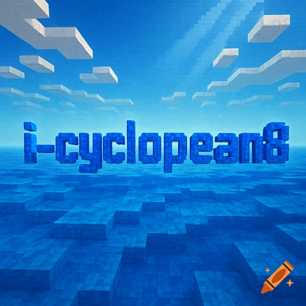 Blocky blue text 'i-cyclopean8' floats above a pixelated blue ocean under a bright blue sky with cubic white clouds, in a Minecraft-like style.