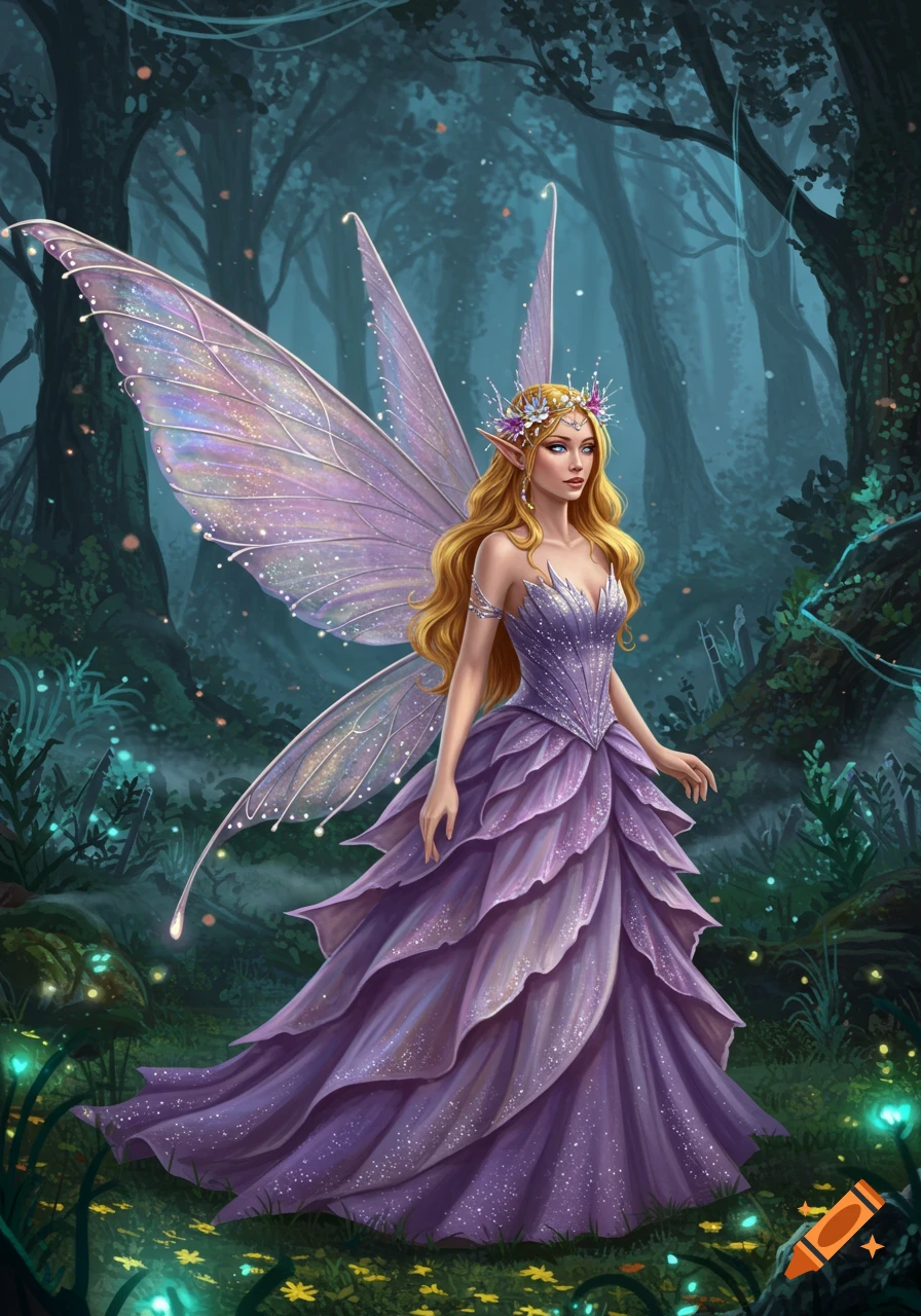 A beautiful fairy queen with blonde hair, shimmering wings, and a purple layered dress stands in an enchanted, glowing forest.