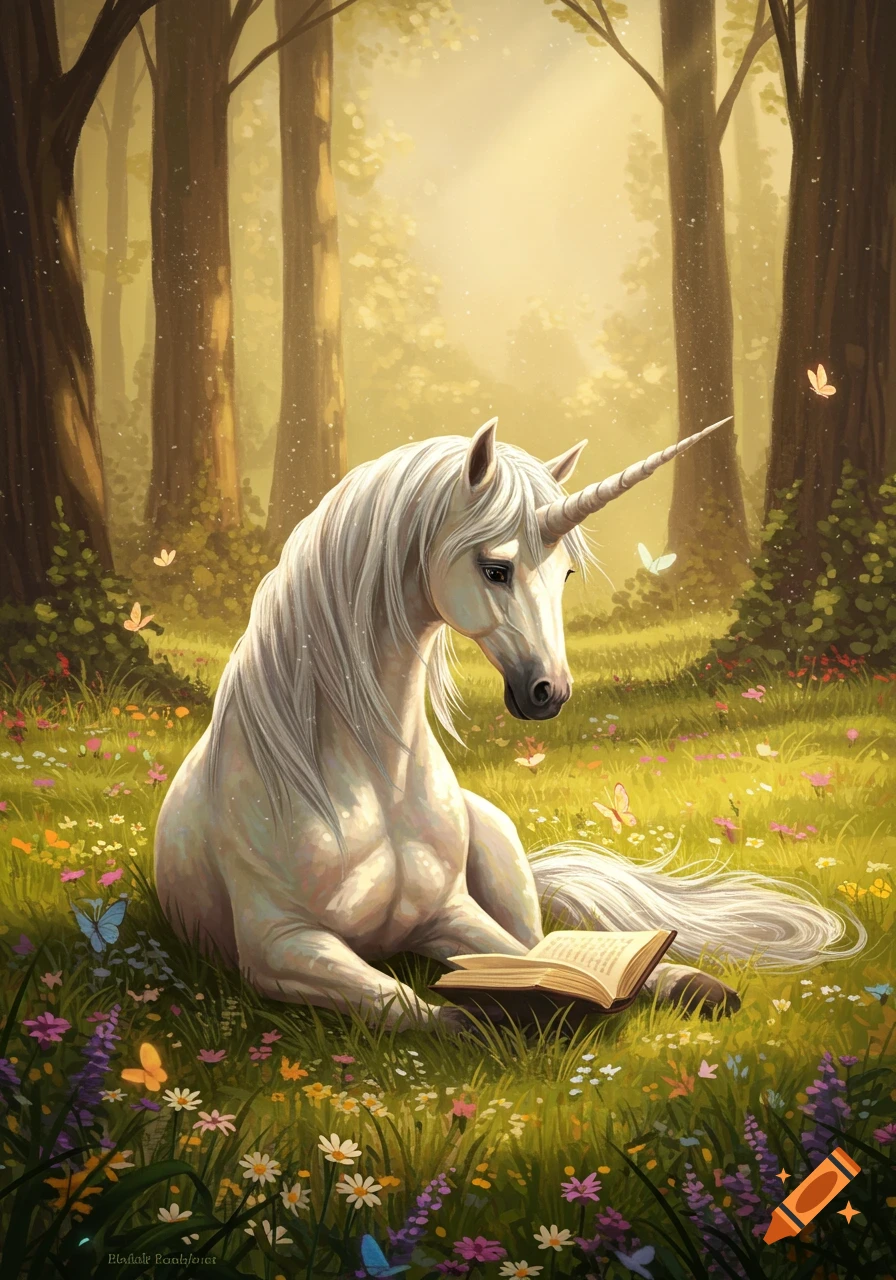 A white unicorn with a grey mane sits in a sunlit, wildflower-filled forest, looking at an open book. Fantasy art.