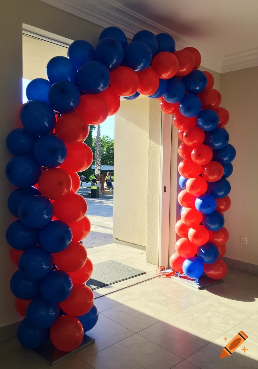A vibrant archway decoration made of red and blue latex balloons, framing an entrance with sunlight streaming in from outside.
