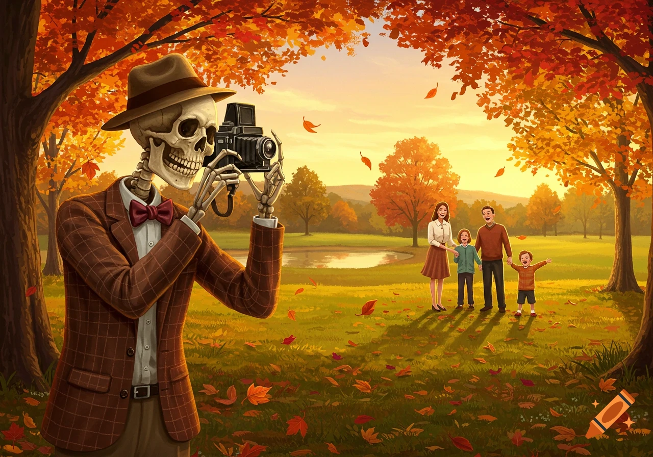 A cartoon skeleton photographer in a hat and suit holds a camera, taking a picture of a smiling family in a vibrant autumn park.