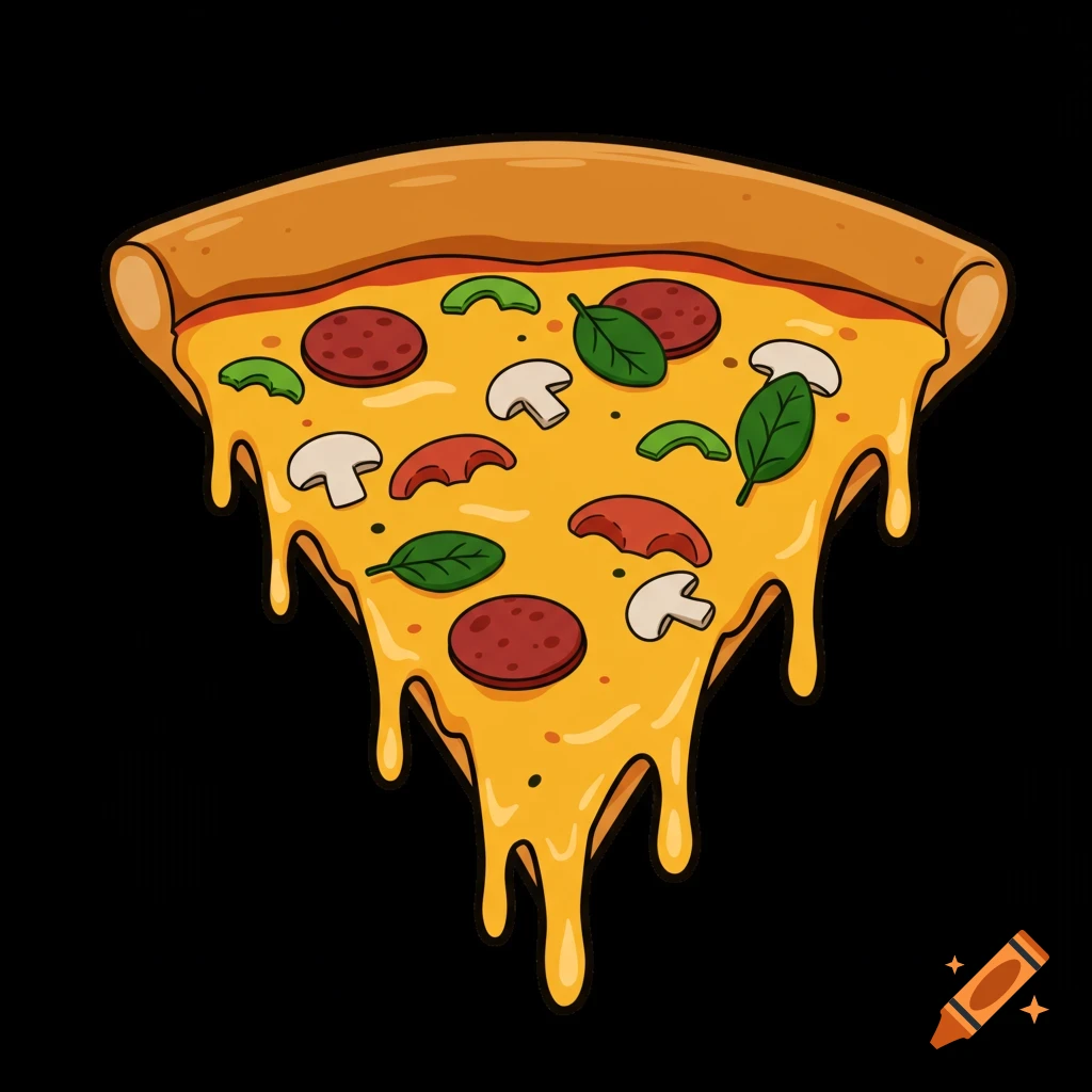 Cartoon slice of pizza with melting cheese, pepperoni, mushrooms, bell peppers, and basil on a black background.