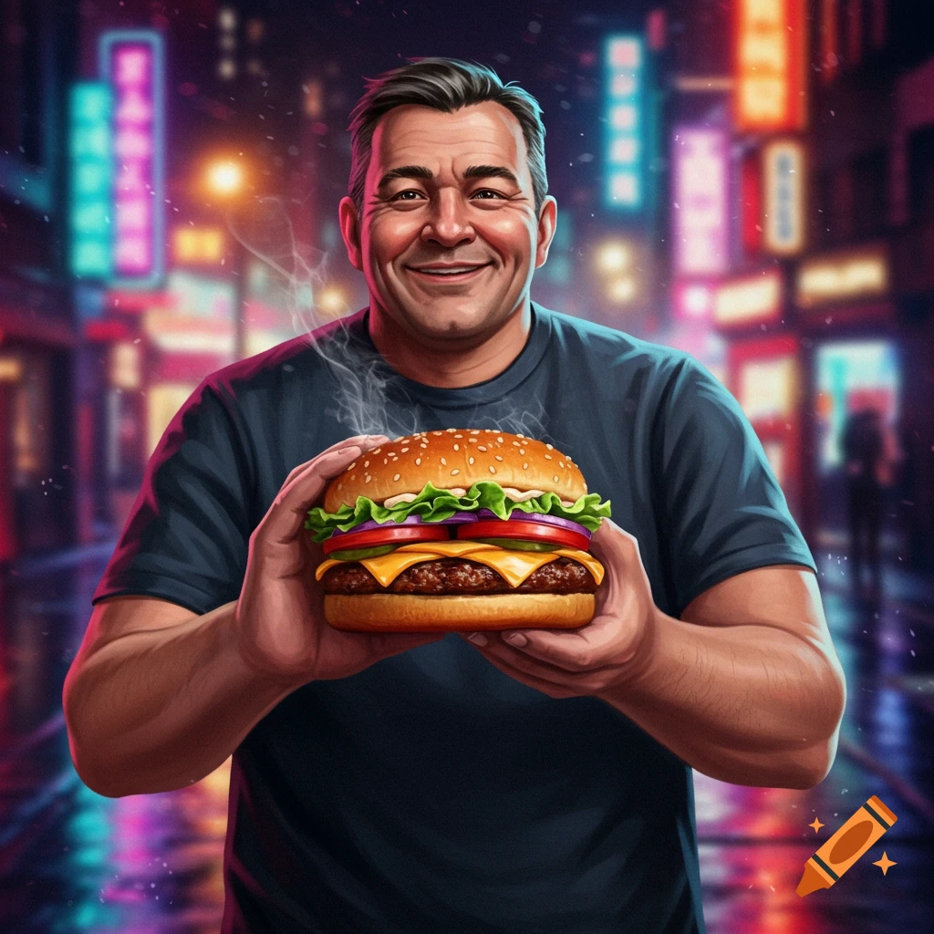 A smiling man holds a steaming burger with fresh toppings against a blurry, neon-lit city street at night.