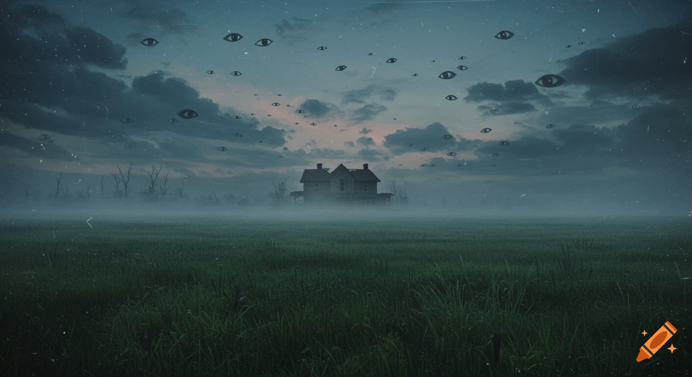 An eerie, misty landscape at dusk with an abandoned house in the distance and many watchful eyes floating in the cloudy sky.