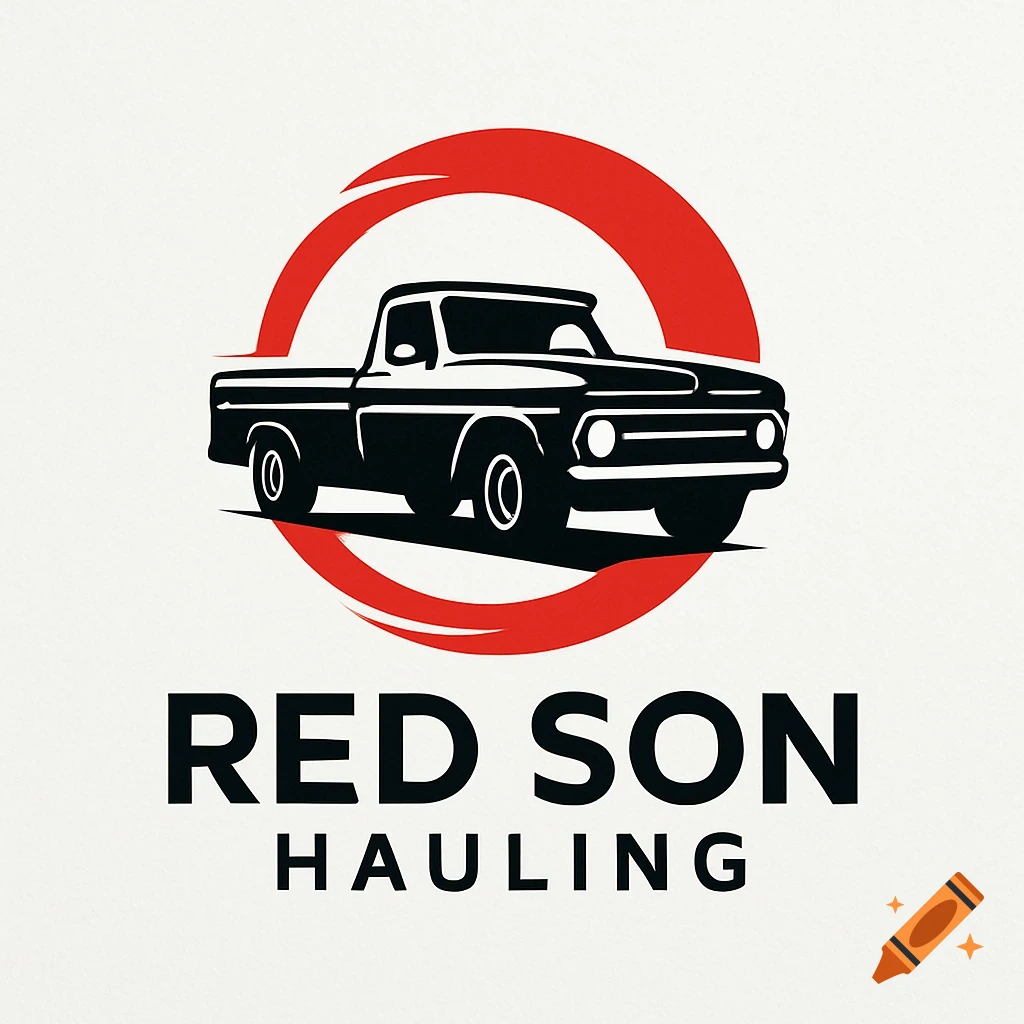 A black and white logo featuring a vintage pickup truck silhouette within a red circular emblem, with 'RED SON HAULING' text below.