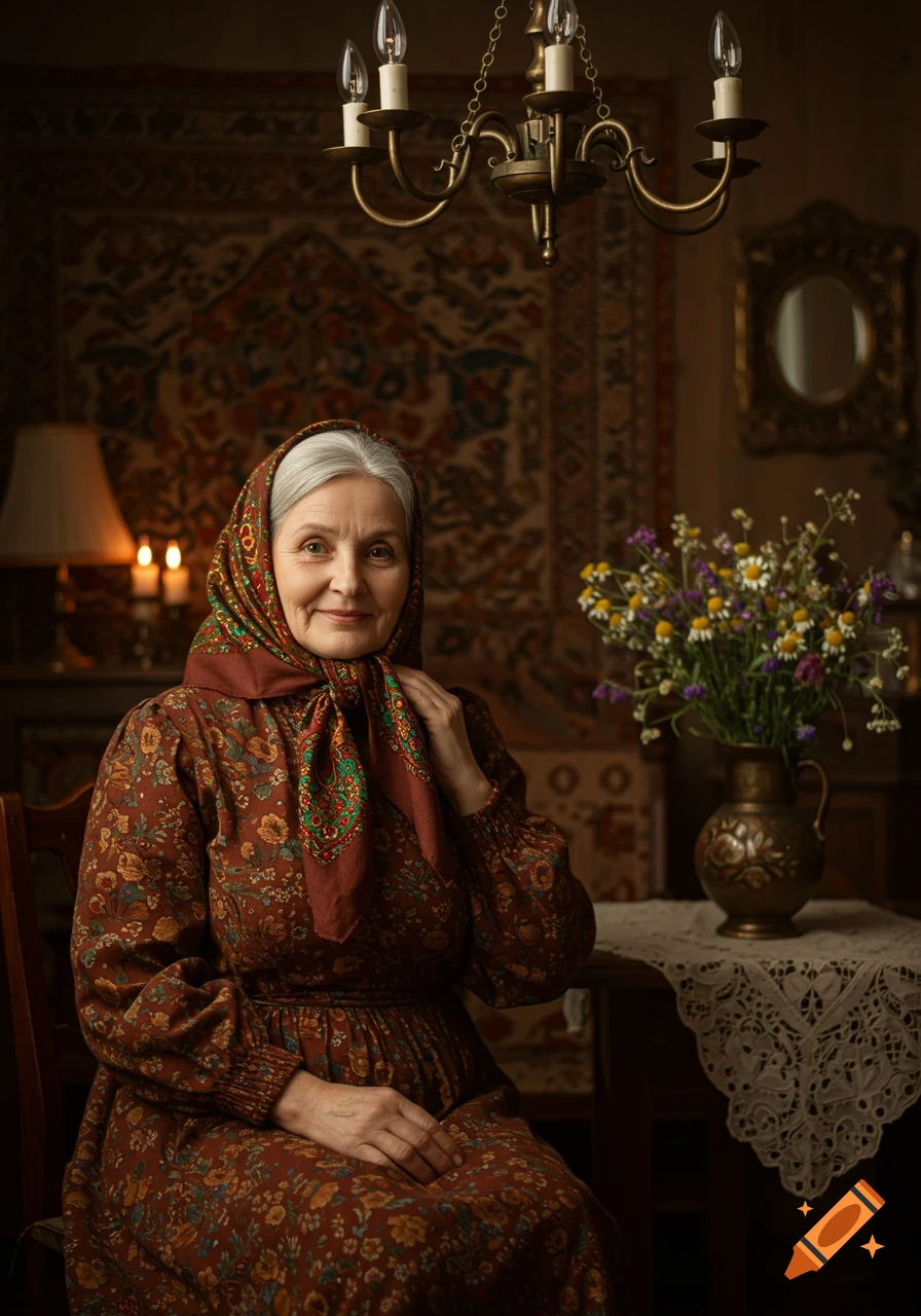 An elderly woman in a patterned headscarf and dress smiles in a warmly lit, traditional room with a chandelier.