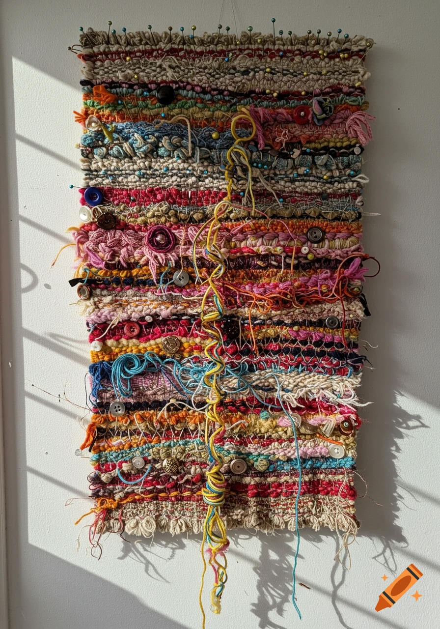 A vibrant, textured multi-media wall hanging crafted from woven fabric, colorful yarns, buttons, and pins, illuminated by sunlight.