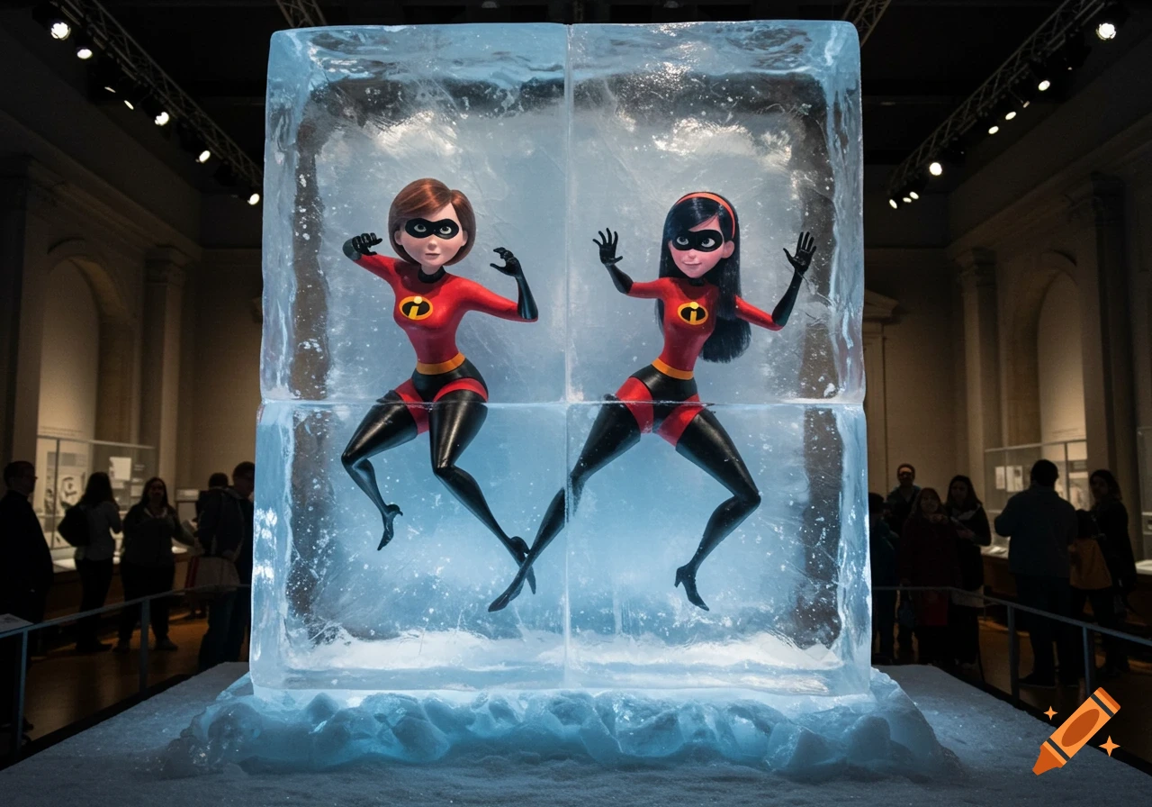 Elastigirl and Violet Parr from The Incredibles frozen in large ice blocks, displayed in a museum exhibit with spectators.