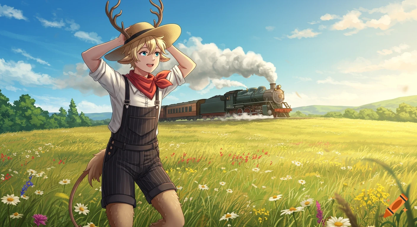 Anime blond satyr in overall shorts and straw hat in a sunny wildflower field, watching a steam locomotive pass by.