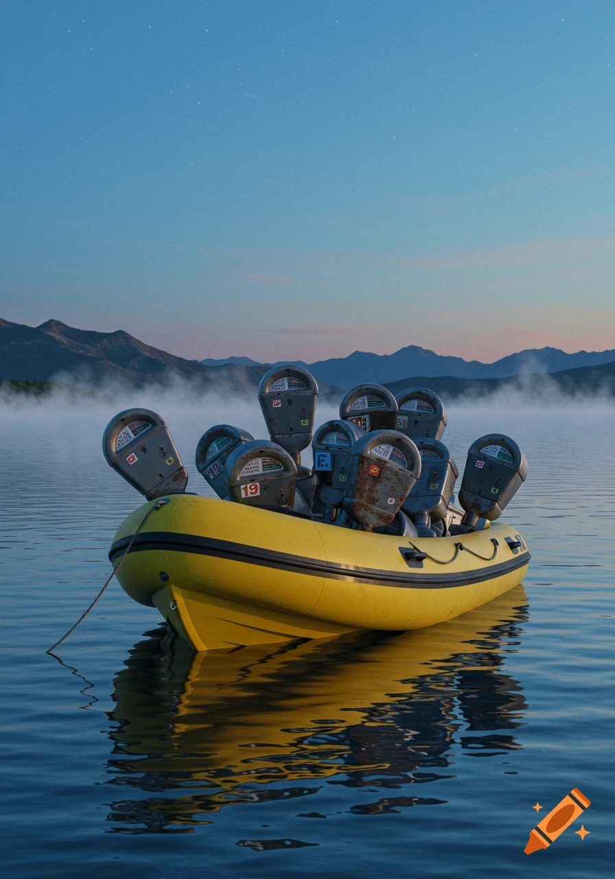 A yellow rubber dinghy filled with old parking meters floats on a calm lake at dawn, with misty mountains in the distance.
