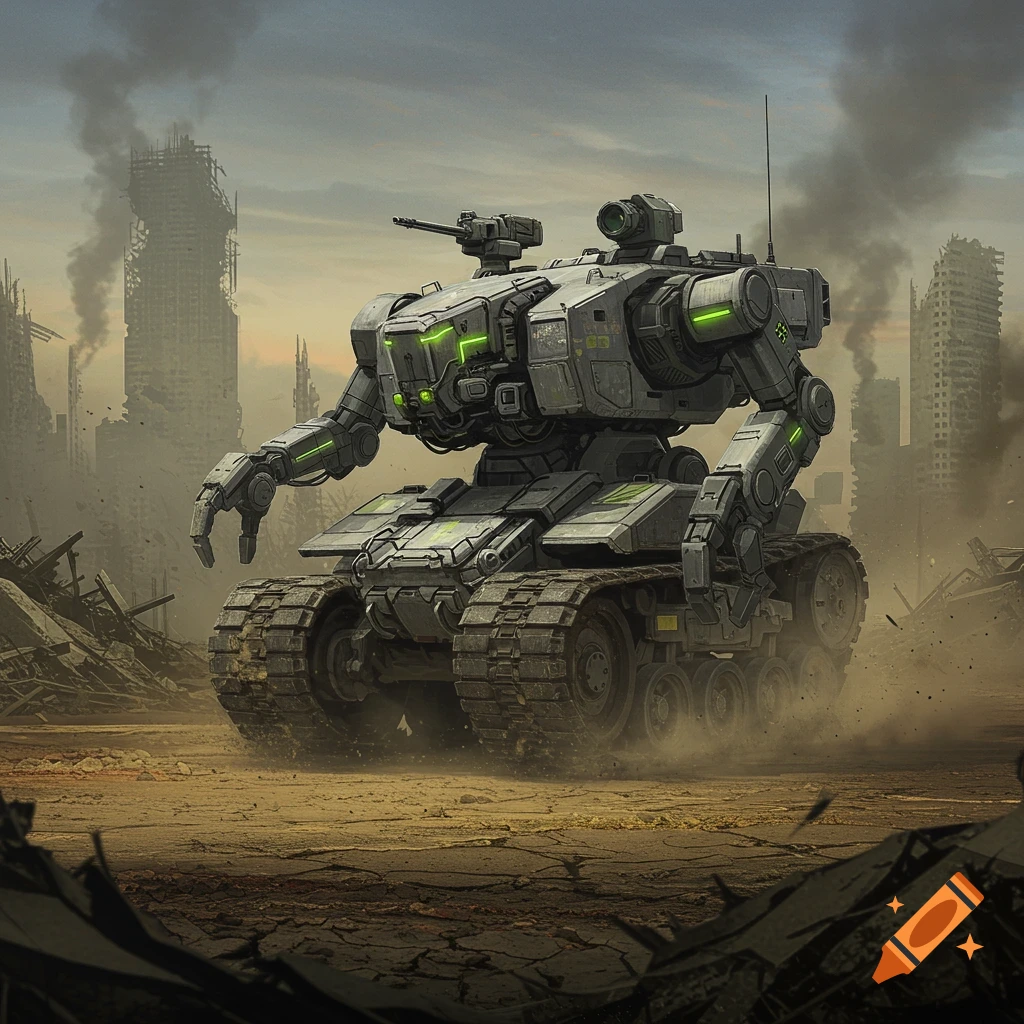 A heavily armored tank-treaded robot with glowing green accents stands in a dusty, ruined city under a smoky sky.