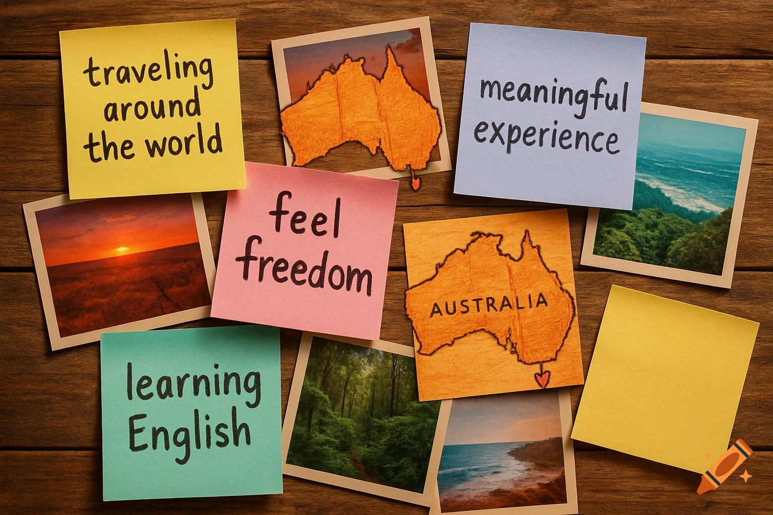 Sticky notes with travel phrases and landscape photos, including Australia maps, on a wooden table.
