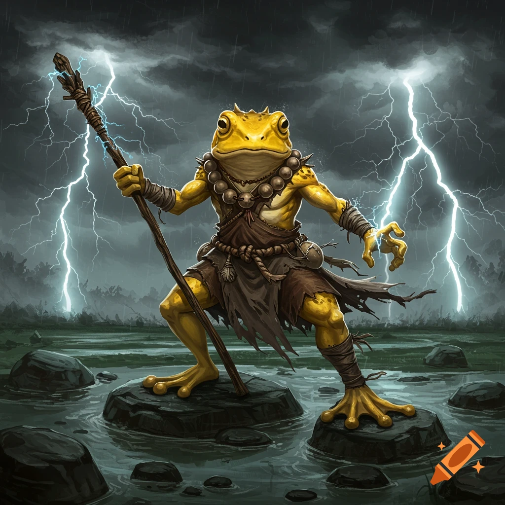 A yellow-skinned frog shaman wields a staff and lightning in a stormy, marshy landscape, fantasy art.