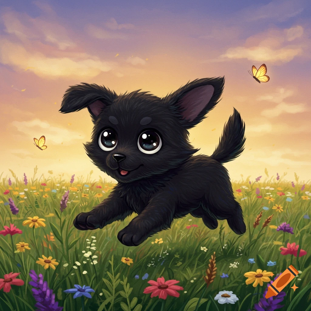 Cute Black Dog Lying on Its Back in a Playful Pose in Cartoon Style created  on Craiyon, image size:1024x1024
