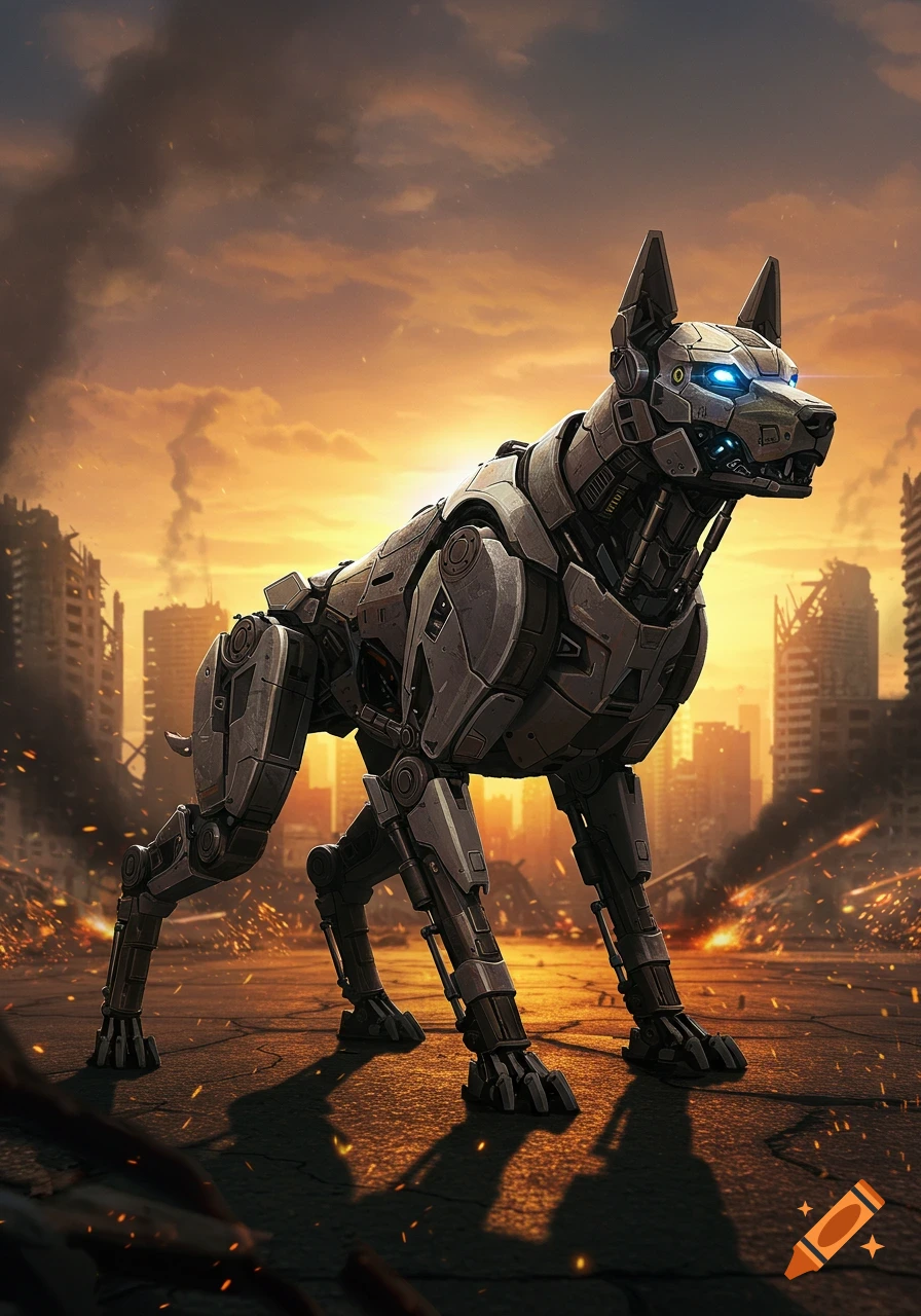 A metallic robot dog with glowing blue eyes stands in a desolate, smoke-filled post-apocalyptic city at sunset.