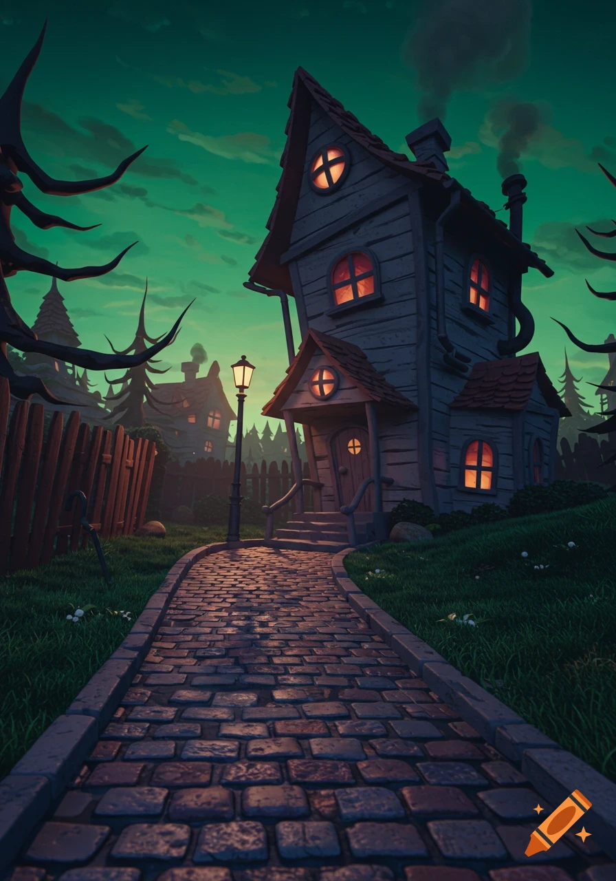 A whimsical, leaning cartoon house with glowing windows, approached by a cobblestone path at night, under a green sky.