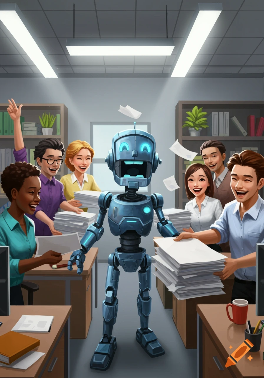 A vibrant illustration of a happy blue robot surrounded by cheerful diverse office workers, some holding stacks of papers.