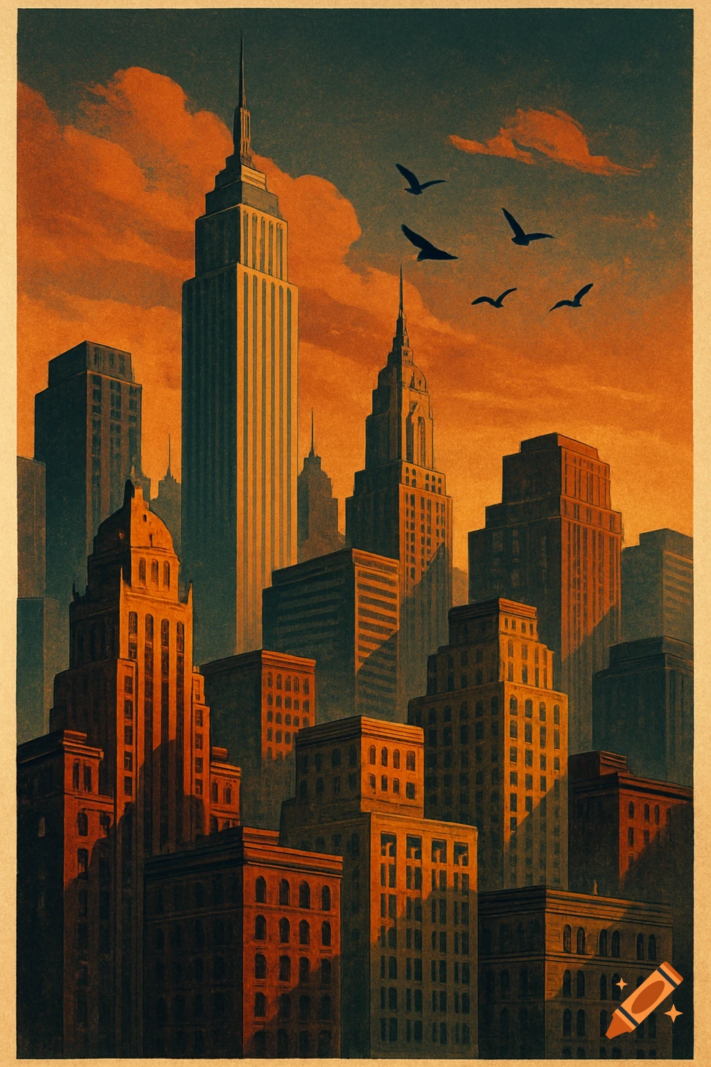 Vintage poster art of a city skyline at sunset, with tall skyscrapers and birds flying against an orange and blue sky.