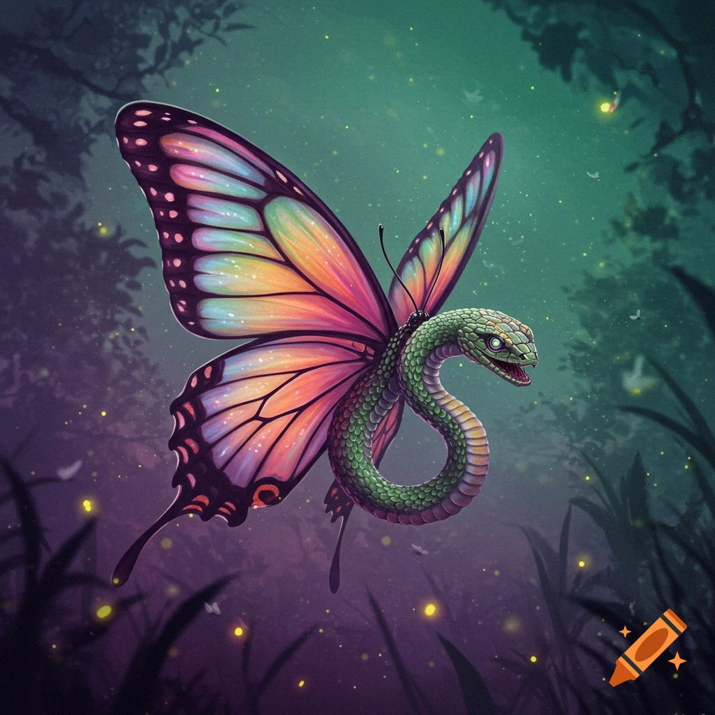 A fantastical creature with a green snake body and colorful butterfly wings flies through a magical forest with glowing fireflies.