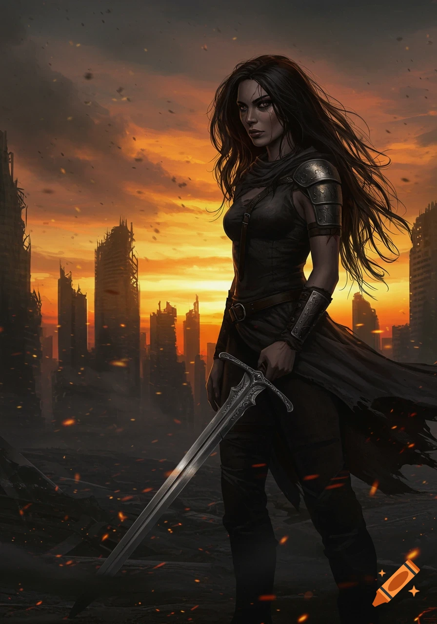A dark-haired woman in armor holds a sword, standing in a ruined city against an orange, burning sunset.