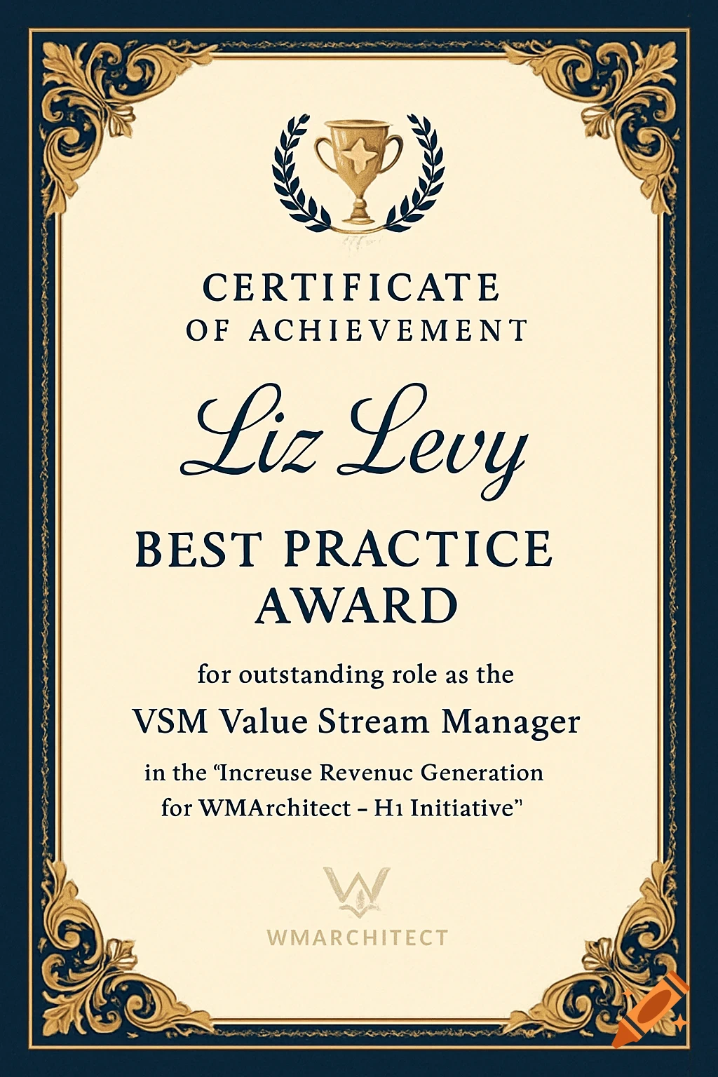A formal certificate with a dark blue and gold ornate border, a golden trophy logo, and text congratulating Liz Levy for a Best Practice Award.