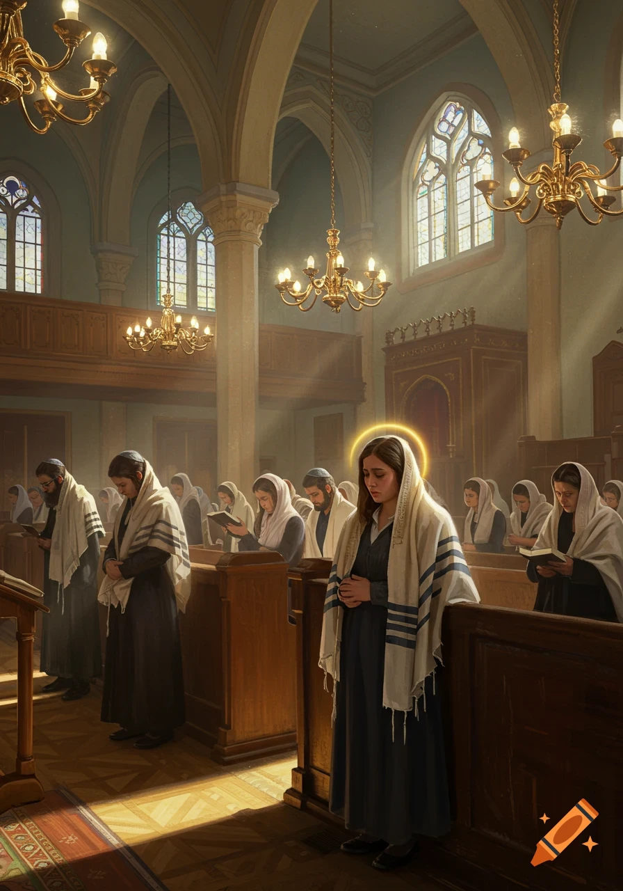 People praying inside a grand synagogue with chandeliers and stained glass windows, with light streaming through.