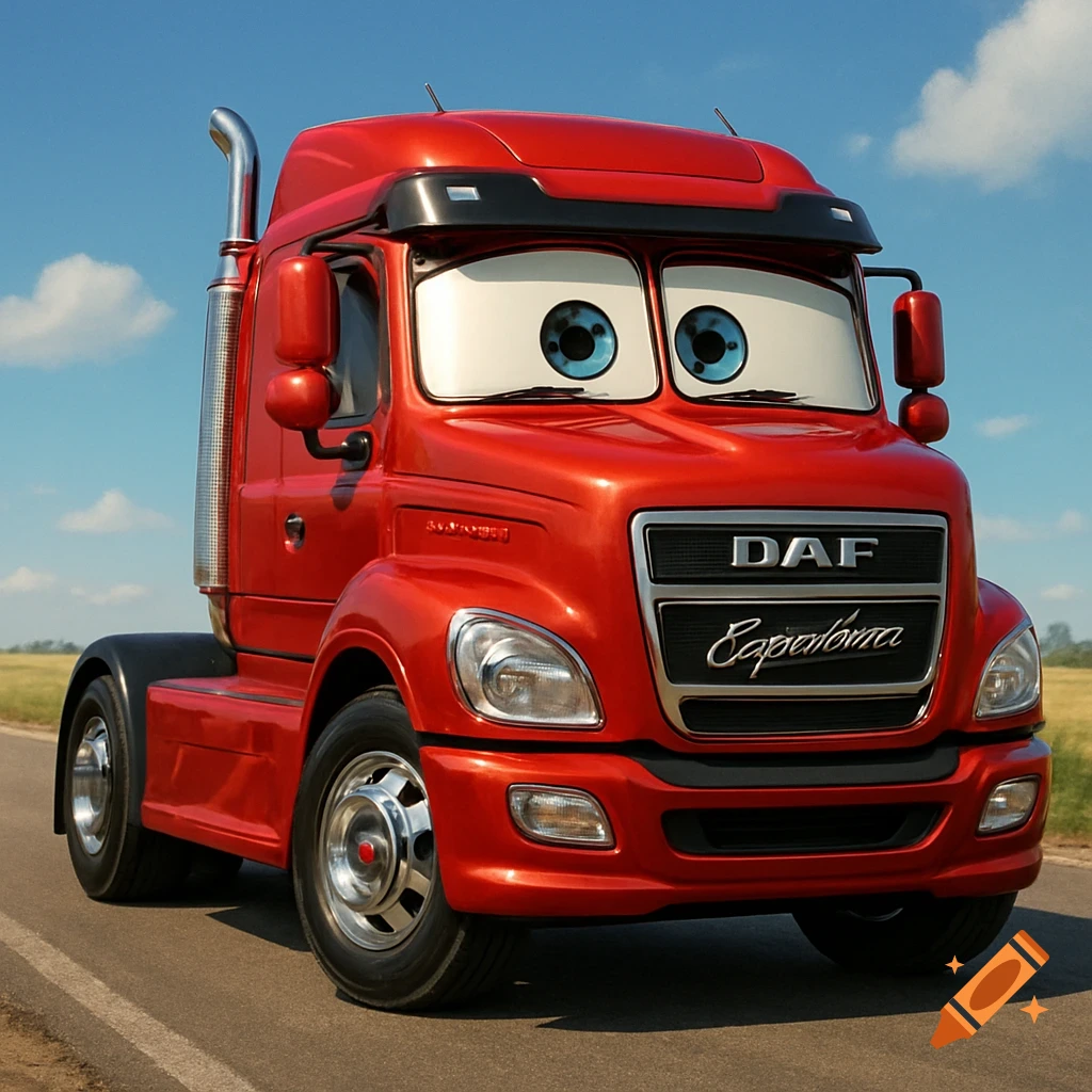 A friendly metallic red DAF truck with big expressive eyes on the windshield, in the style of Disney Cars, on a road with a field in the background.