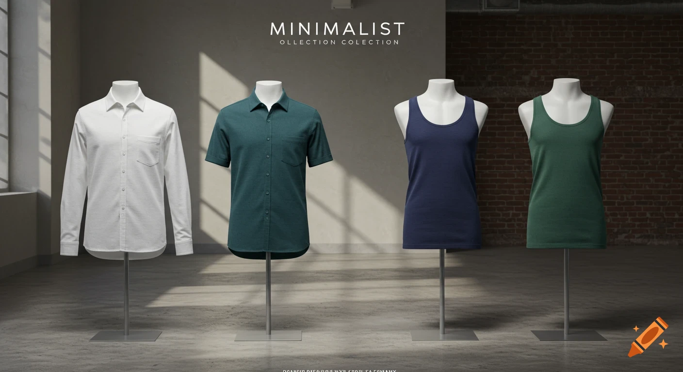 Four mannequins display various minimalist clothing items: a white long-sleeved shirt, a teal short-sleeved shirt, a navy tank top, and a green tank top, in a loft-style room.
