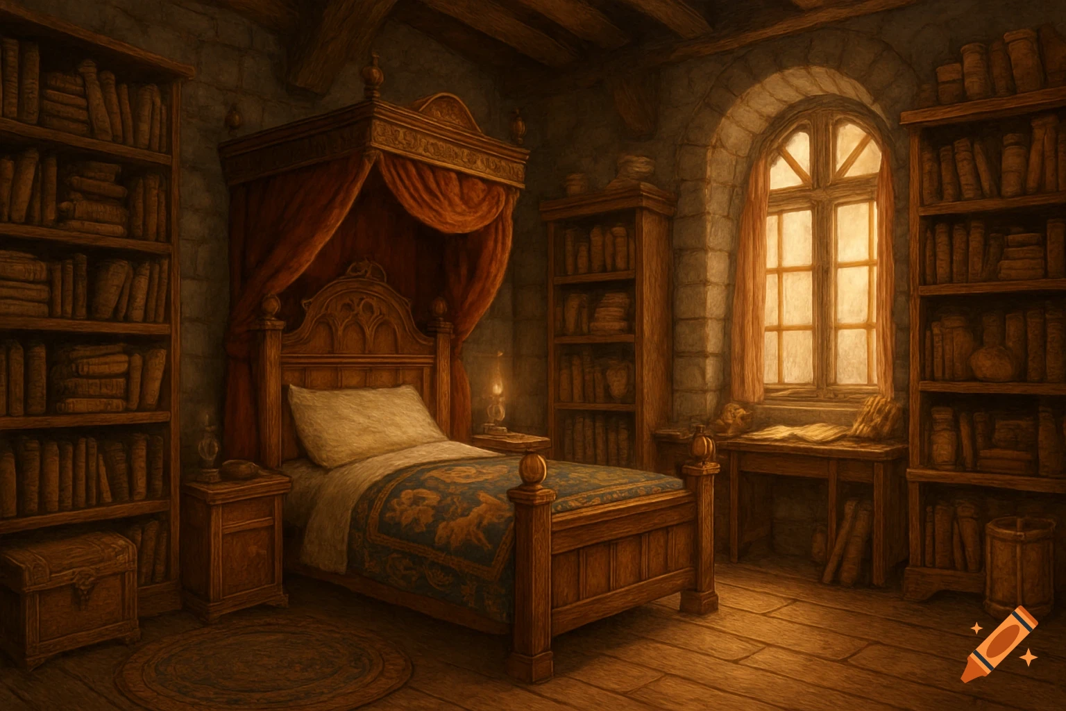 A fantasy illustration of a cozy medieval bedroom with a four-poster bed, bookshelves, an arched window, and warm light.