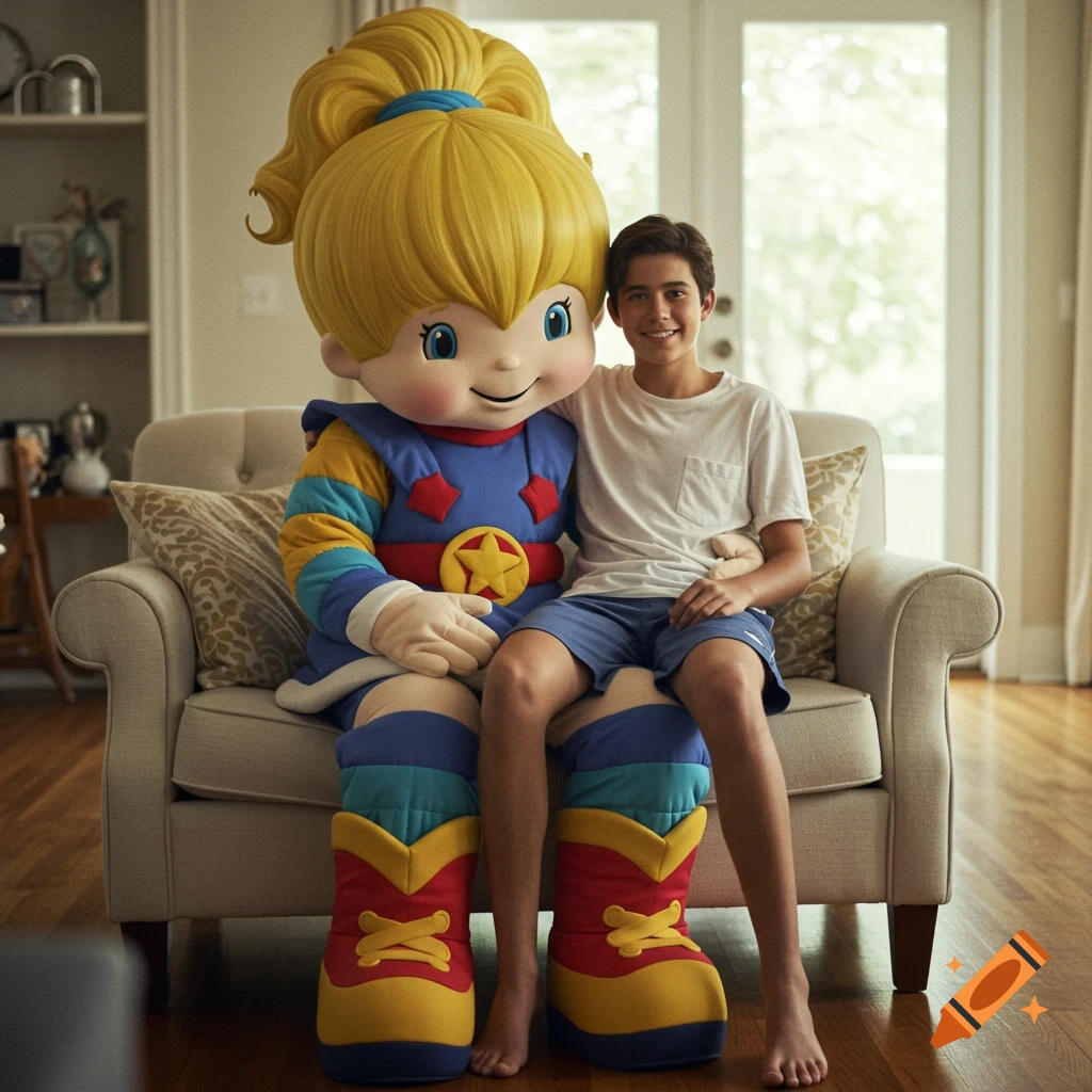 A smiling teenage boy sits on the lap of a large, colorful Rainbow Brite-like mascot on a couch in a bright room.